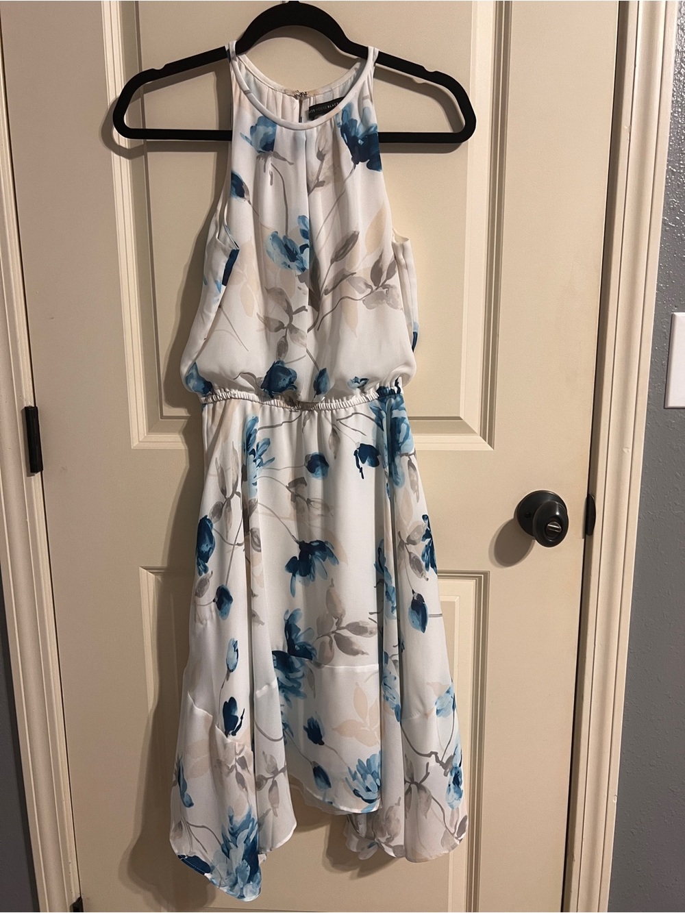 White Floral Halter Dress with Blue Accents